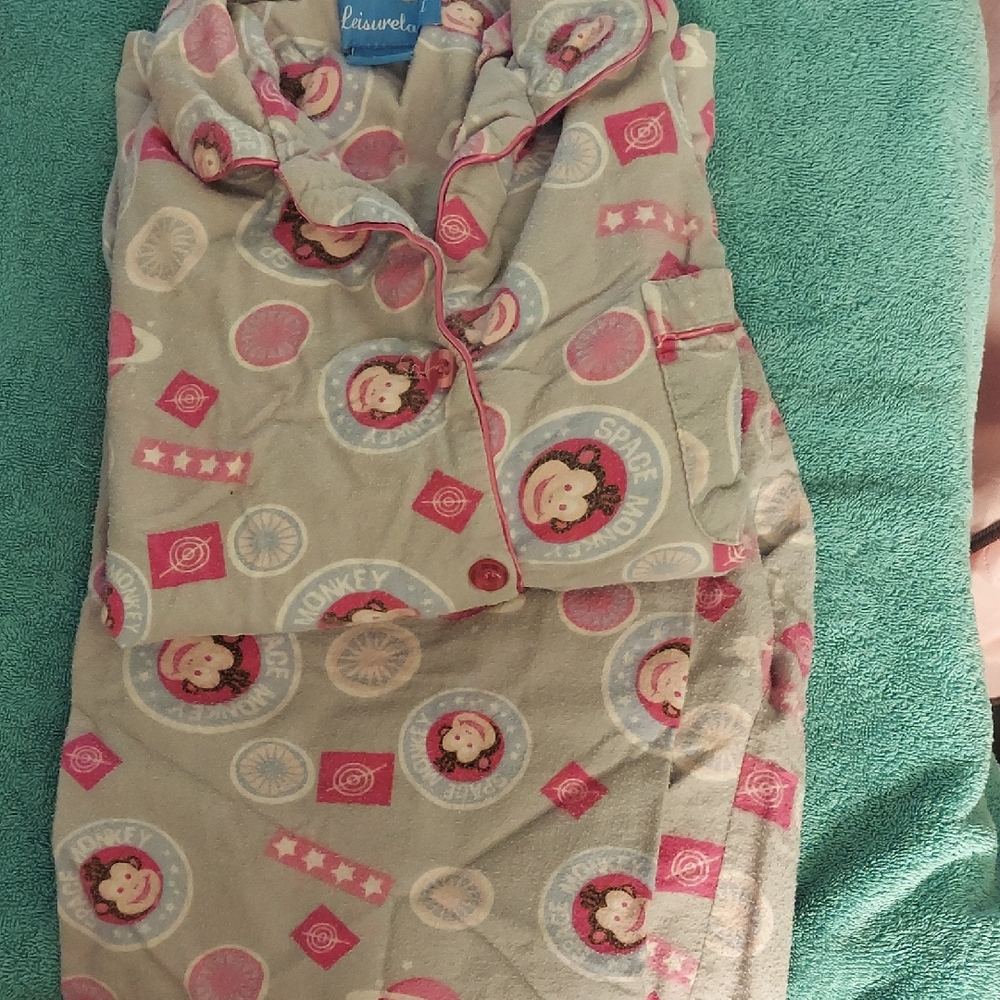 Womens Flannel Pajamas, XLGray and Pink Monkey Print
